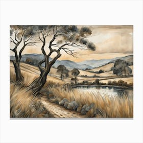 Antique Rustic Muted Landscape Painting (9) Canvas Print