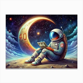 Astronaut Working On Laptop On Moon Canvas Print