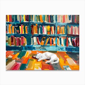 White Cat In The Library - Sleeping Canvas Print