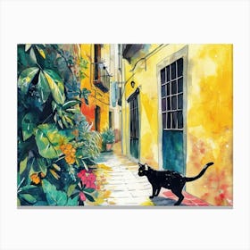 Malaga, Spain   Cat In Street Art Watercolour Painting 3 Canvas Print