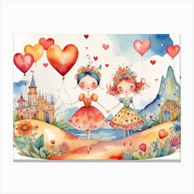 Two Girls Holding Heart Balloons - Valentine's Day water Color caricature , Love Canvas Print