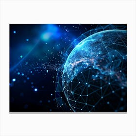 A Blue, Glowing Planet Earth, Formed By Interconnected Lines And Dots, Hovers In A Dark Space, Representing Global Communication, Networks, And Data Flow Canvas Print