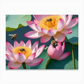 Bees On Lotus Canvas Print