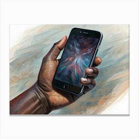 A Hand Holding A Smartphone With A Vibrant Abstract Design On The Screen Canvas Print