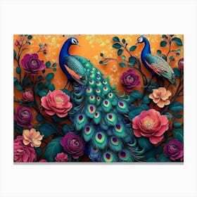 Peacocks And Flowers 1 Canvas Print