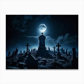 A Haunting View Of A Tomb Silhouetted Against The Night Sky A Gravestone With The Cross Engraved W (6) Canvas Print