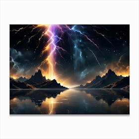 A Dramatic Landscape Of Mountains And A Lake With A Spectacular Display Of Dual Colored Lightning Striking The Peaks, Reflecting In The Water Canvas Print