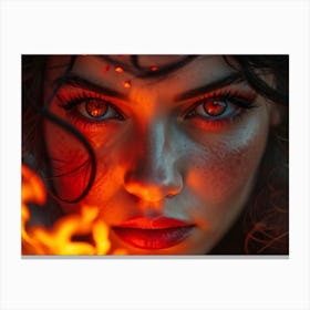 Close Up Photo Of A Woman Powerful Gaze Fixed Firmly On Camera Eyes Alight With A Fierce Scarlet R Canvas Print