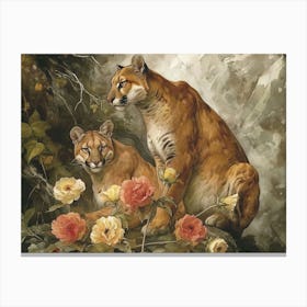 Floral Animal Illustration Cougar 4 Canvas Print