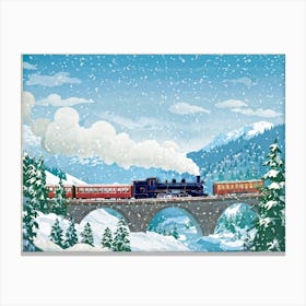 Vintage Winter Travel Poster Themed Digital Painting Featuring A Steam Train Its Chimney Releasing Canvas Print