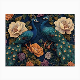 Peacocks And Flowers Canvas Print