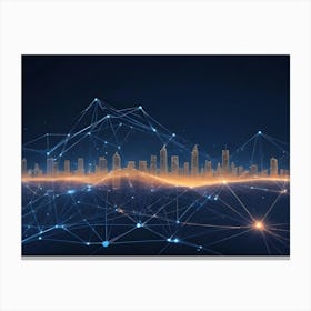 A Futuristic Cityscape Is Outlined In Glowing Orange Lines, Connected By A Network Of Lines And Dots Representing A Digital Network Canvas Print