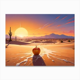 A Surreal, Digital Illustration Of A Red Apple With A White Liquid Splashing Around It In A Desert Landscape Canvas Print