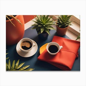 Two Cups Of Coffee On Saucers, Placed On A Blue Surface With A Red Cloth And Potted Plants Surrounding Them Canvas Print