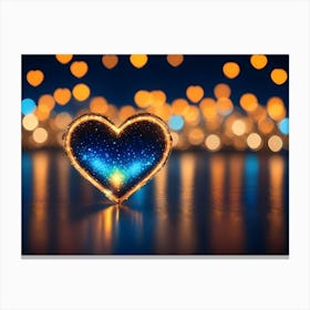 A Glowing Golden Heart With A Starry Interior, Resting On A Reflective Surface With Blurred Orange And Blue Bokeh Lights In The Background Canvas Print