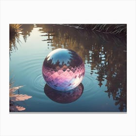 A Glass Orb With A Geometric Pattern Sits On The Surface Of A Pond Surrounded By Water Plants And Lily Pads Canvas Print