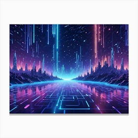 A Colorful Neon City In A Digital Landscape At Night, With Neon Streaks Of Lights And Buildings Canvas Print