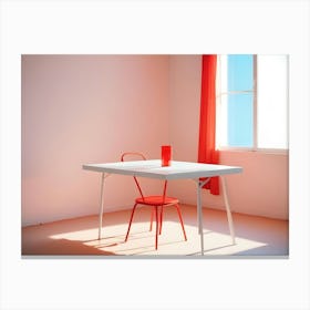 Photo Of A White Table With A Red Chair And A Red Vase In A White Room With A Red Curtain And A Window Canvas Print