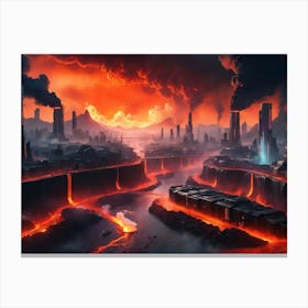 Cyberpunk city with lava and river 3 Canvas Print