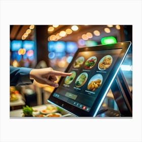 A Person Uses A Self Service Touchscreen Kiosk To Order Food At A Restaurant Canvas Print