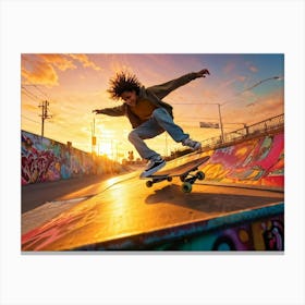 Street Style Teenage Skater Exuding A Vibe Of Infectious Cheerfulness Mid Kickflip Over A Graffiti Canvas Print