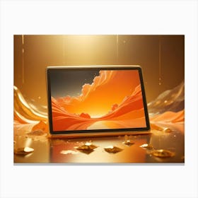 A Golden Tablet Displaying A Vibrant, Abstract Image Of Clouds And A Sunset Sky, Surrounded By Golden Sand And Diamonds Canvas Print