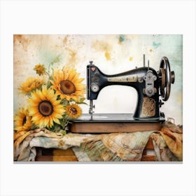 Vintage black sewing machine with sunflowers Canvas Print