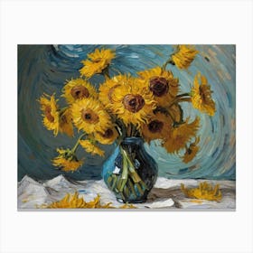 A Painting Of A Blue Vase Full Of Sunflowers Canvas Print