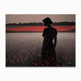 A Woman In A Polka Dot Dress Stands In A Field Of Red Poppies, Silhouetted Against A Gray Sky Canvas Print