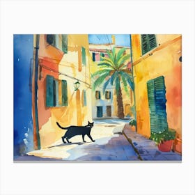 Palma De Mallorca, Spain   Cat In Street Art Watercolour Painting 1 Canvas Print