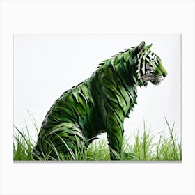 Green Hued Royal Bengal Tiger Composed Of Meticulously Cut Grass Stark Against A White Background Canvas Print