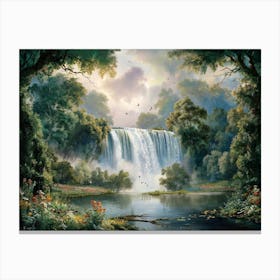 Majestic Waterfall Forest with Flowers Painting #10 Canvas Print