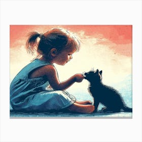 Little girl playing with her kitten wall art poster Canvas Print