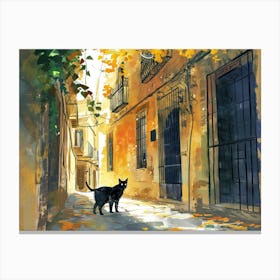 Cadiz, Spain   Cat In Street Art Watercolour Painting 2 Canvas Print