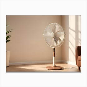 A White Standing Fan With A Brown Base In A Living Room Setting, With A Brown Leather Sofa And A Green Plant In The Background Canvas Print