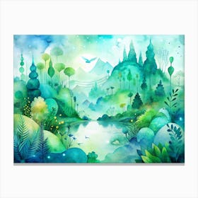 Watercolor Painting Of A Fantasy Forest Landscape With A Lake And Mountains Canvas Print