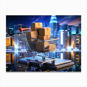 Online Shopping Concept With Laptop And Shopping Cart In City Canvas Print