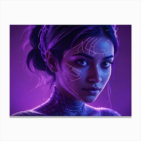 Abstract Image Of A Woman S Face With Glowing Purple Lines, Resembling A Futuristic Or Cyberpunk Aesthetic Canvas Print