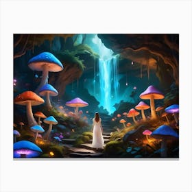 Woman Walking Through A Mystical Forest With Glowing Mushrooms And A Waterfall 2 Canvas Print