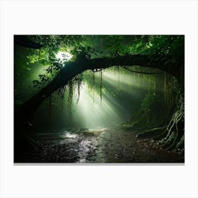 A Winding Path Carved Through An Ancient Forest Lush Greens Enveloping The Trail A Solitary Tree W (1) Canvas Print