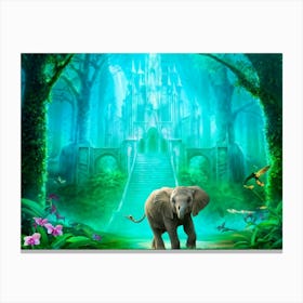 Baby Elephant Turquoise Hue Frolicking In A Fantasy Forest Oversized Luminous Orchids Towering Ab Canvas Print