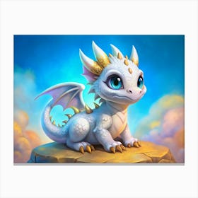 White Dragon With Golden Horns And Wings On A Rock Against A Blue Sky Canvas Print