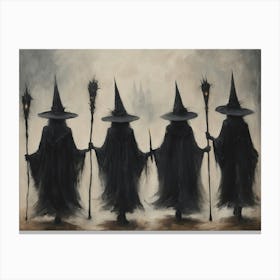 Witches Coven on Halloween Art Print | Neutral Tones Spooky Gothic Samhain Witchcraft Altar Wall Art for Tarot Moody Dark Aesthetic Canvas Print