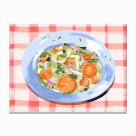 A Plate Of Greek Salad, Top View Food Illustration, Landscape 3 Canvas Print