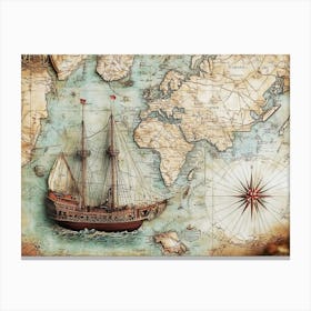 3d Art Design With An Old Ship Of Piri Reis Map Canvas Print