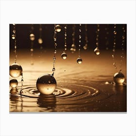 Close Up Of Golden Water Drops Splashing And Creating Ripples On A Reflective Surface, Highlighting The Beauty Of Fluid Dynamics Canvas Print