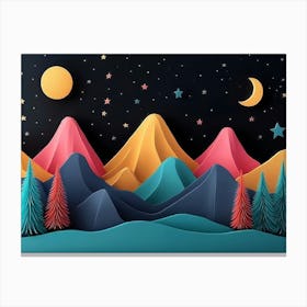 3d Modern Artwork Night Landscape, Colorful Mountains, Trees, Dark Black Background With Stars And Moon 2 Canvas Print