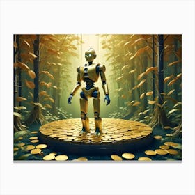 A Gold Robot Stands Atop A Circular Platform Made Of Gold Coins Within A Golden Forest Canvas Print