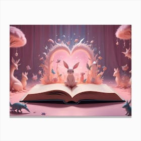 A Magical Scene Of A Book Opened To Reveal A World Of Pink And White Canvas Print