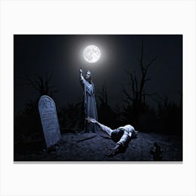 Full Moon Casting Eerie Glow On An Undead Figure Hands Clutching Out From The Dark Soil As Its Grav Canvas Print